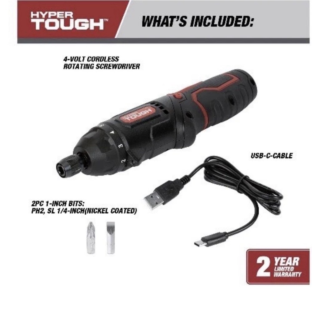 HYPER TOUGH 4V Rotating Head Cordless Screwdriver 2-Position Handle 6062