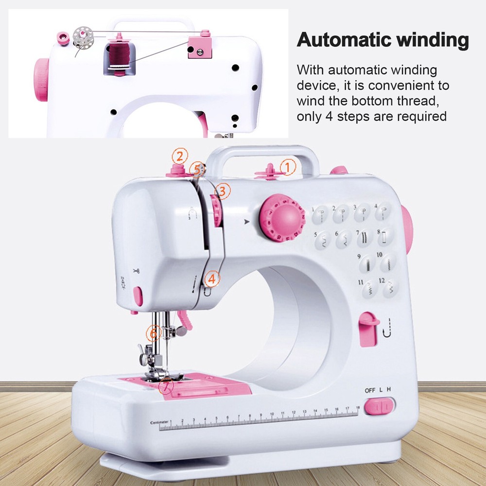 Mini Electric Sewing Machine 12 Stitches Double Thread Portable US Plug Pink