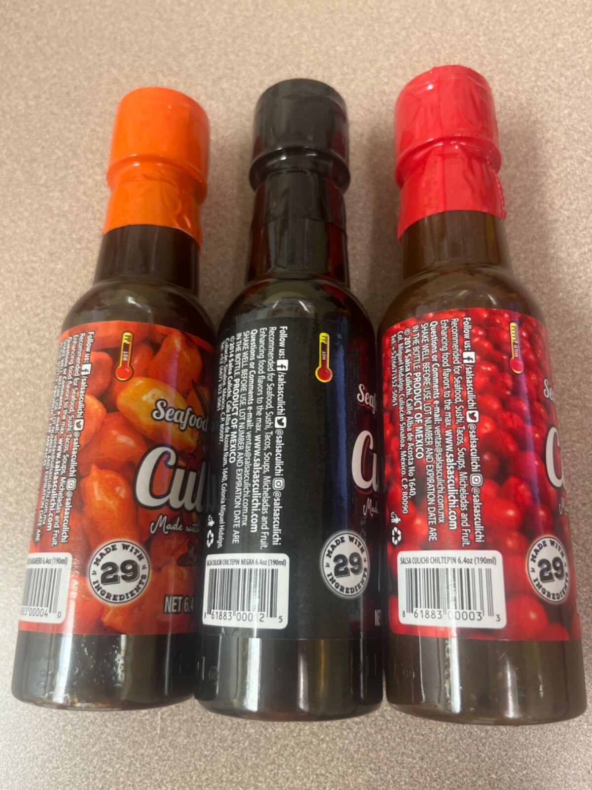 Culichi hot sauces. Chiltepin negra, Chiltepin roja, Habanero 3 bottles included