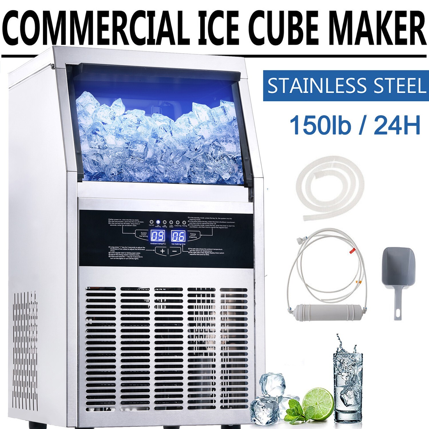 Commercial Ice Maker 150lbs Stainless Steel Built-in Cube Machine Bar Restaurant