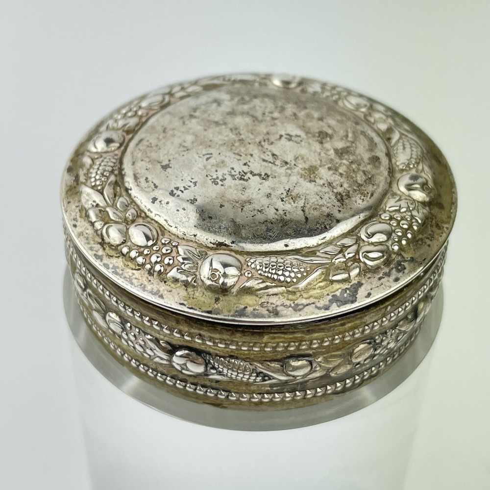 Antique Probably German Solid 800 Silver Trinket Box Fruit & Veg Scroll 4.2cm