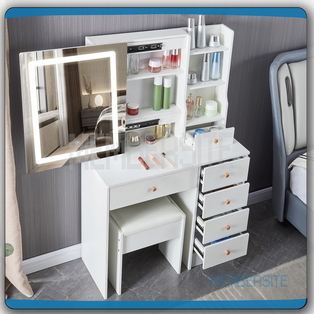 Makeup Vanity Desk Dressing Table With Smart LED Mirror & Stool 6 Drawers Shelf