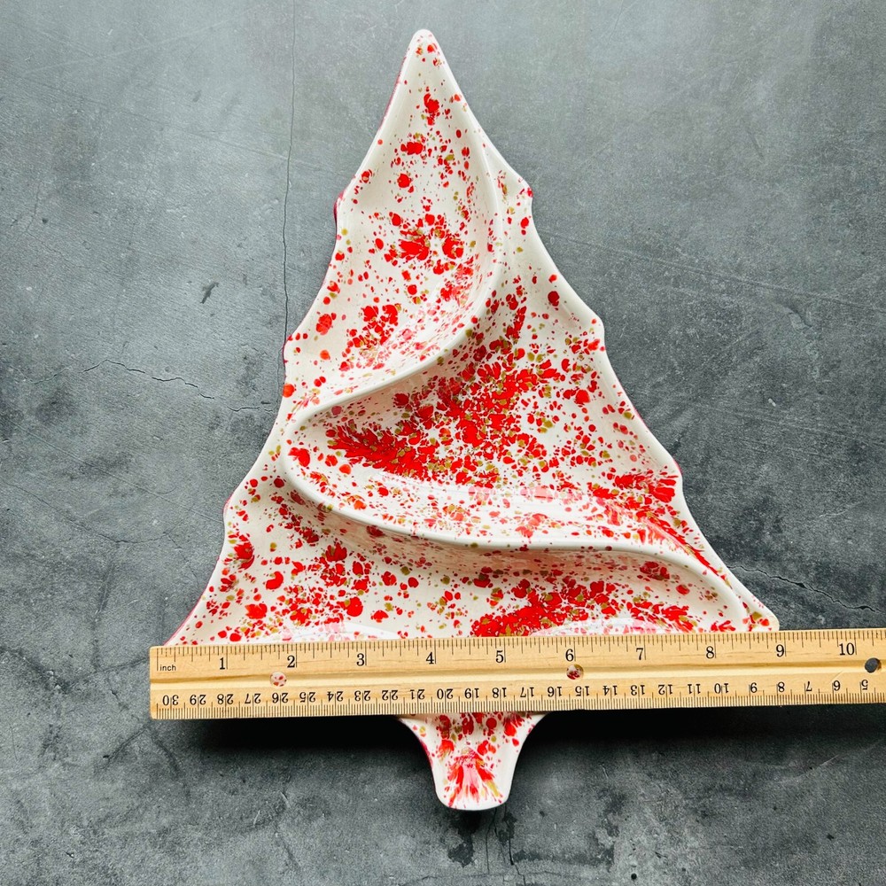 Red and White Speckled Ceramic Christmas Tree Divided Nut Candy Dish 11.5"
