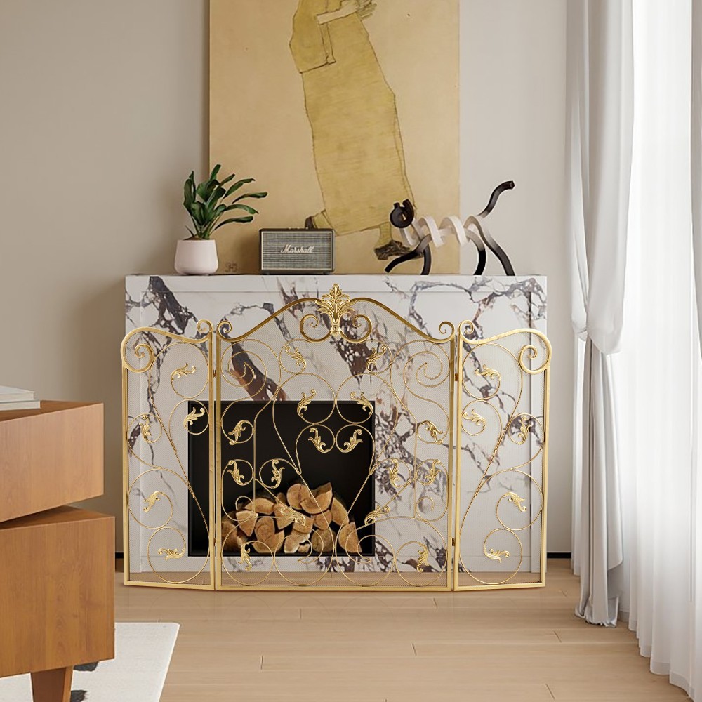 Retro Gold 3-Panel Foldable Fireplace Screen with Acanthus Leaf Design