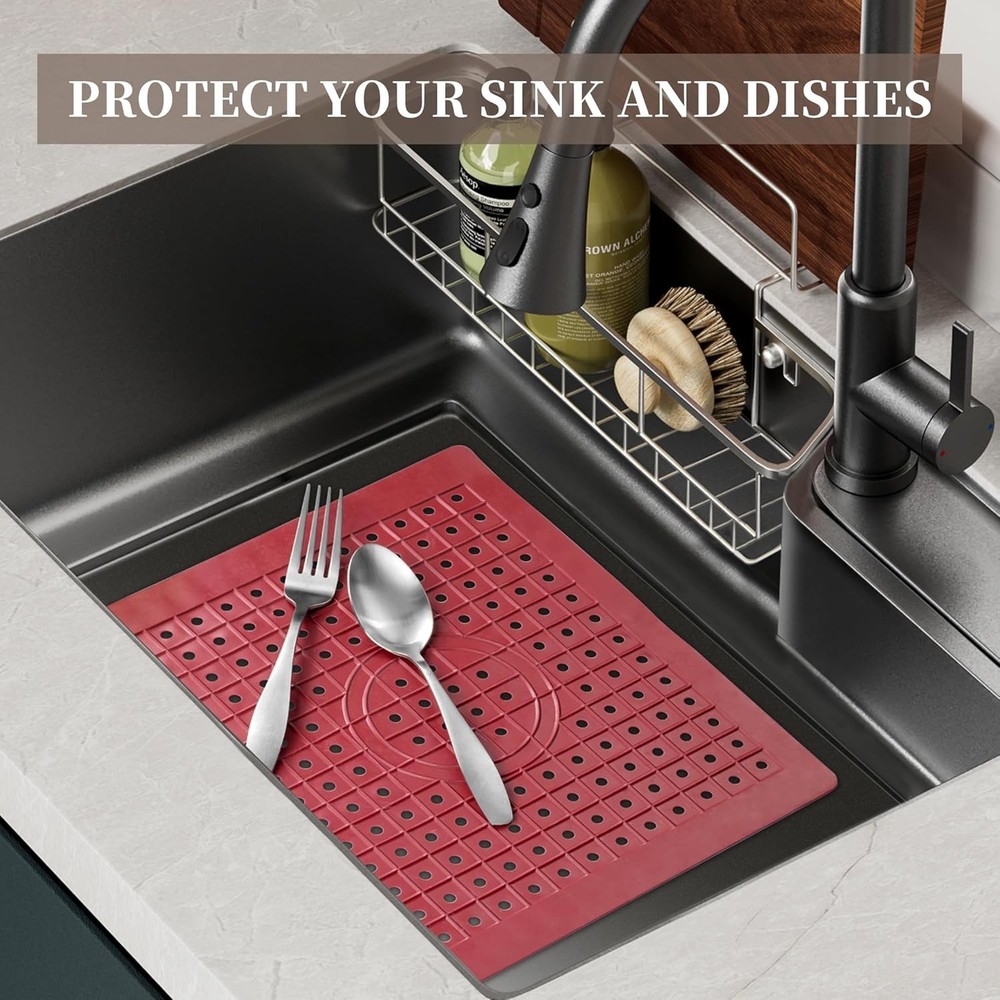 Kitchen Sink Mat, 12" x 10" Rectangular Sink Protector Pad, Fast-Draining Gri...