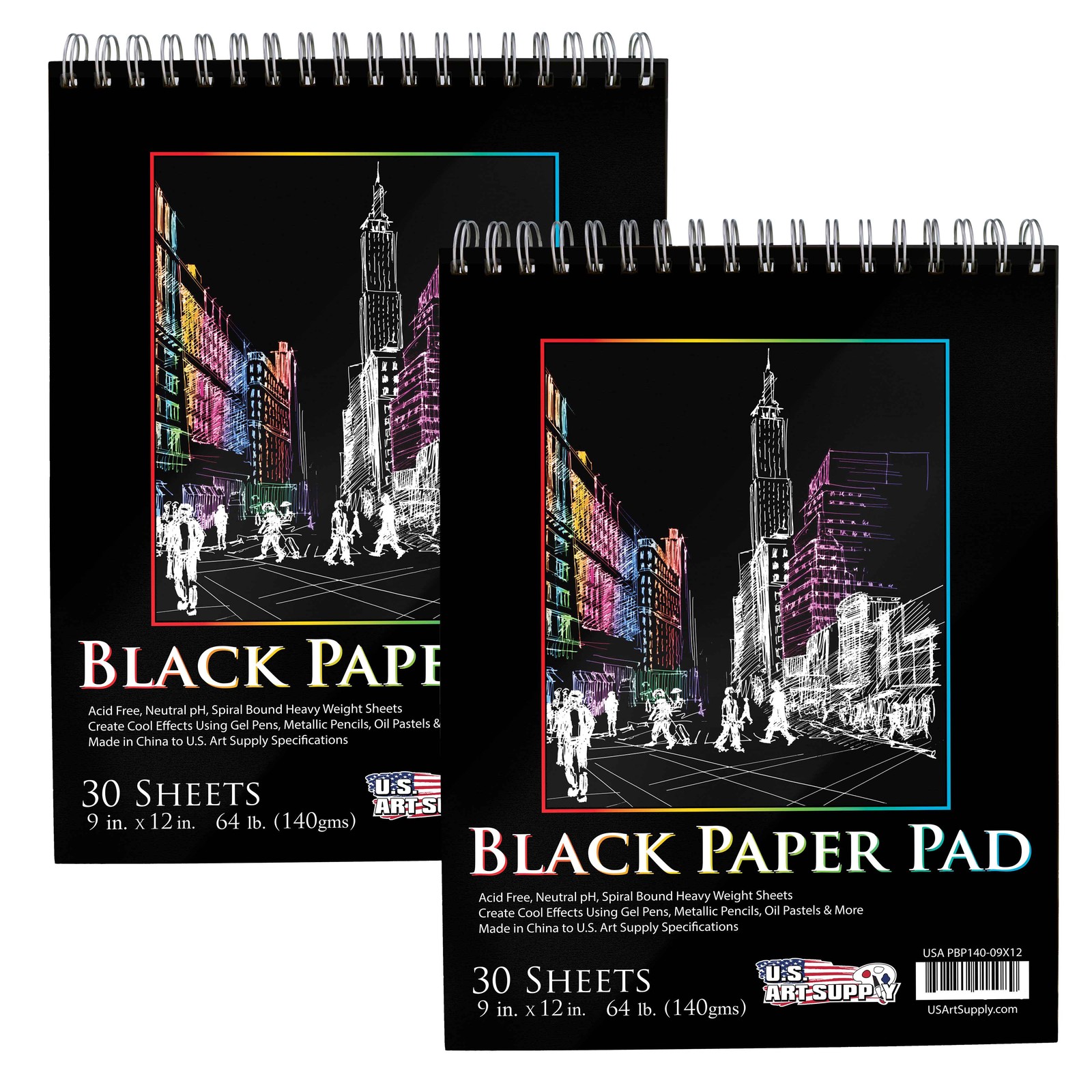 9"x12" Black Heavyweight Paper Spiral Bound Sketch Pad,140gsm,30 Sheets (2 Pads)