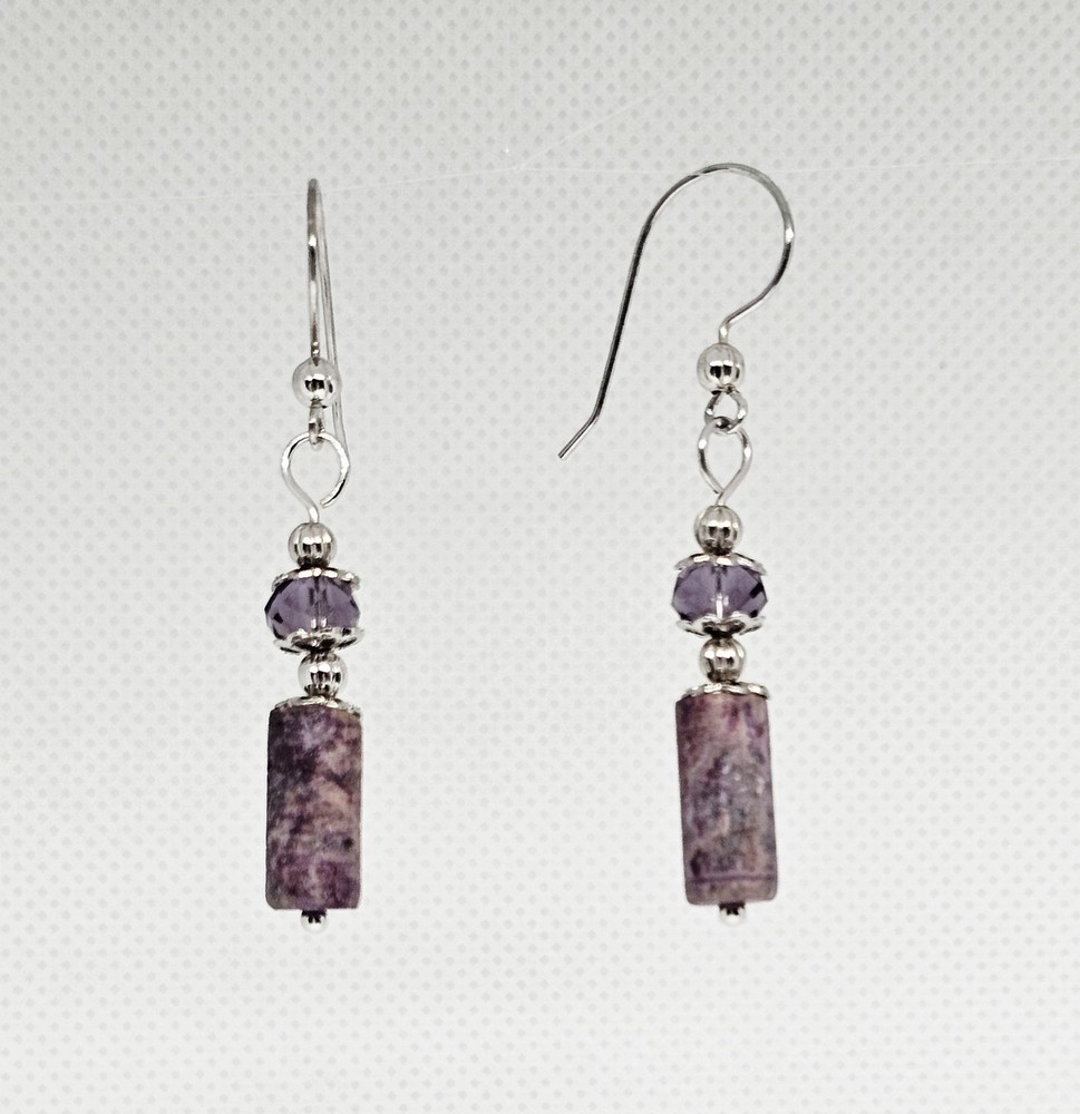 Purple Lepidolite Gemstone Beaded Handmade Silver Dangle Boho Earrings