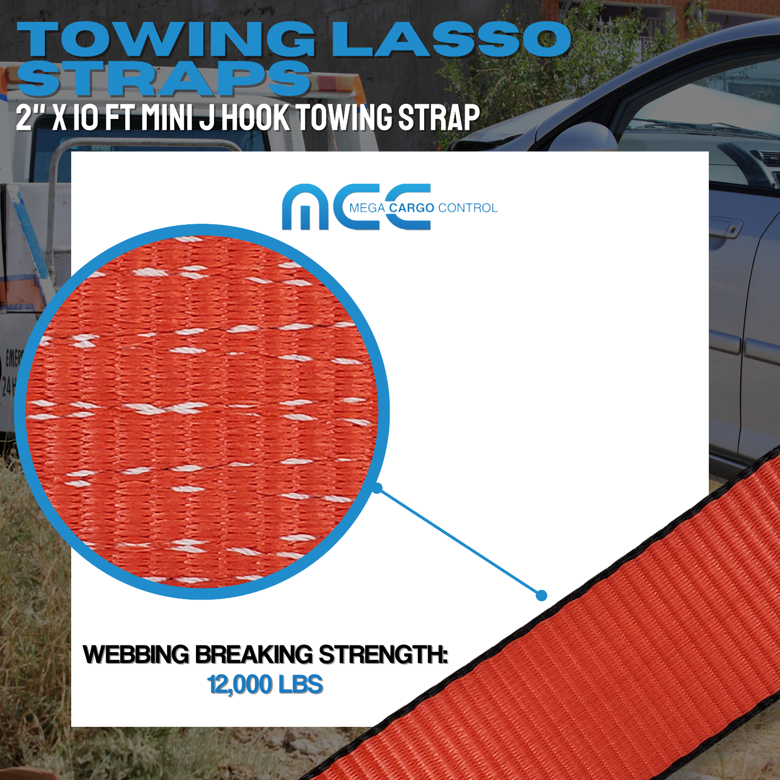 Heavy Duty G70 2" x 10' Mini J Hook Towing Trailer Wrecker Lasso Tie Down Strap