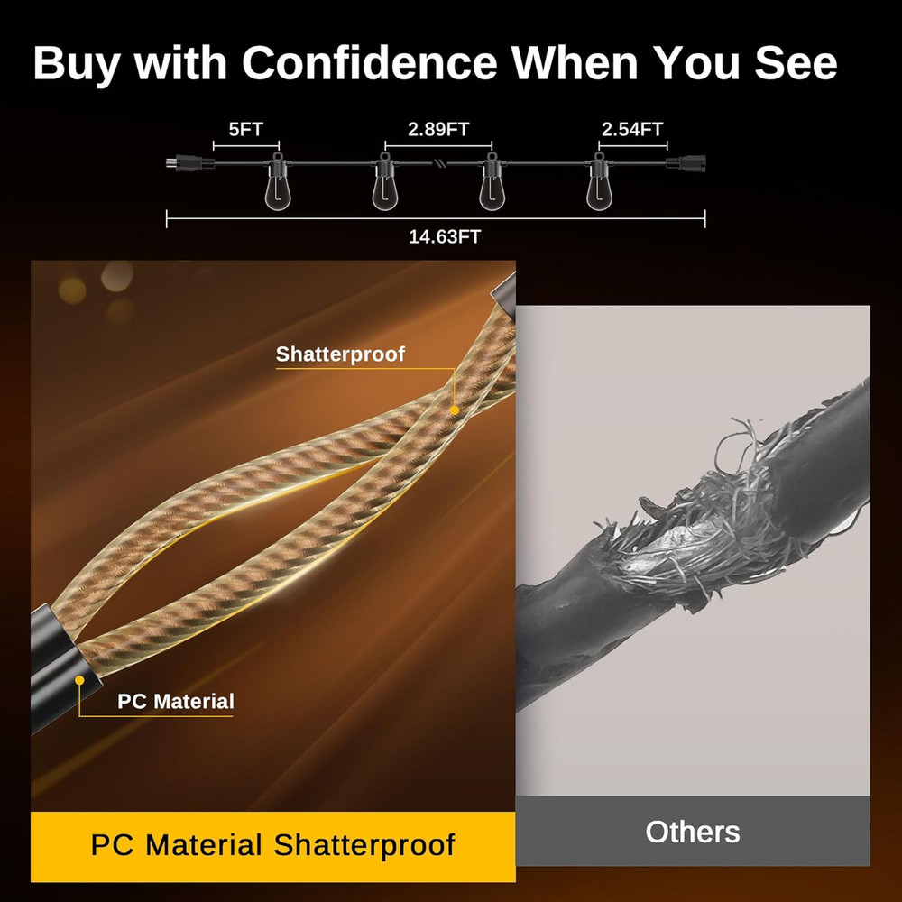Outdoor String Lights LED 48FT, Patio String Lights Waterproof with 15 Shatterpr