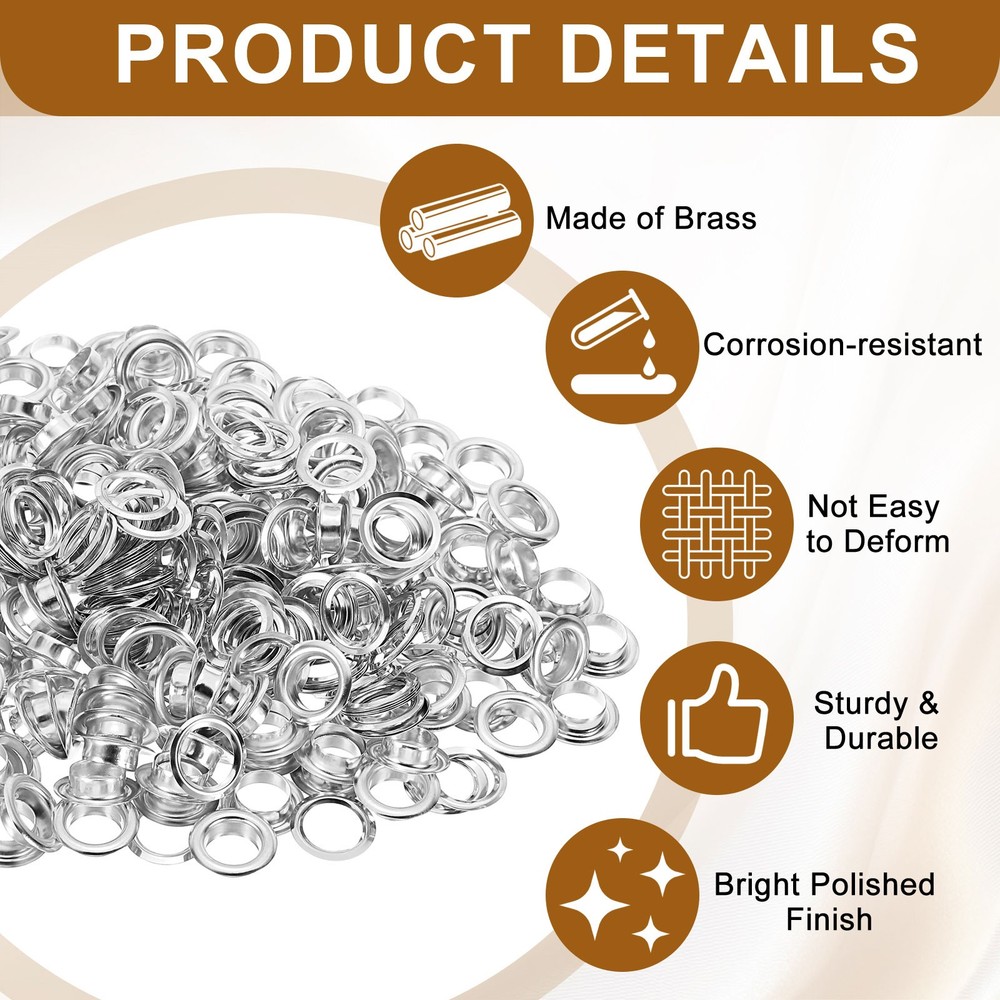 200 Sets Grommets Eyelets, 8mm Brass Self Backing Eyelets, Silver Tone