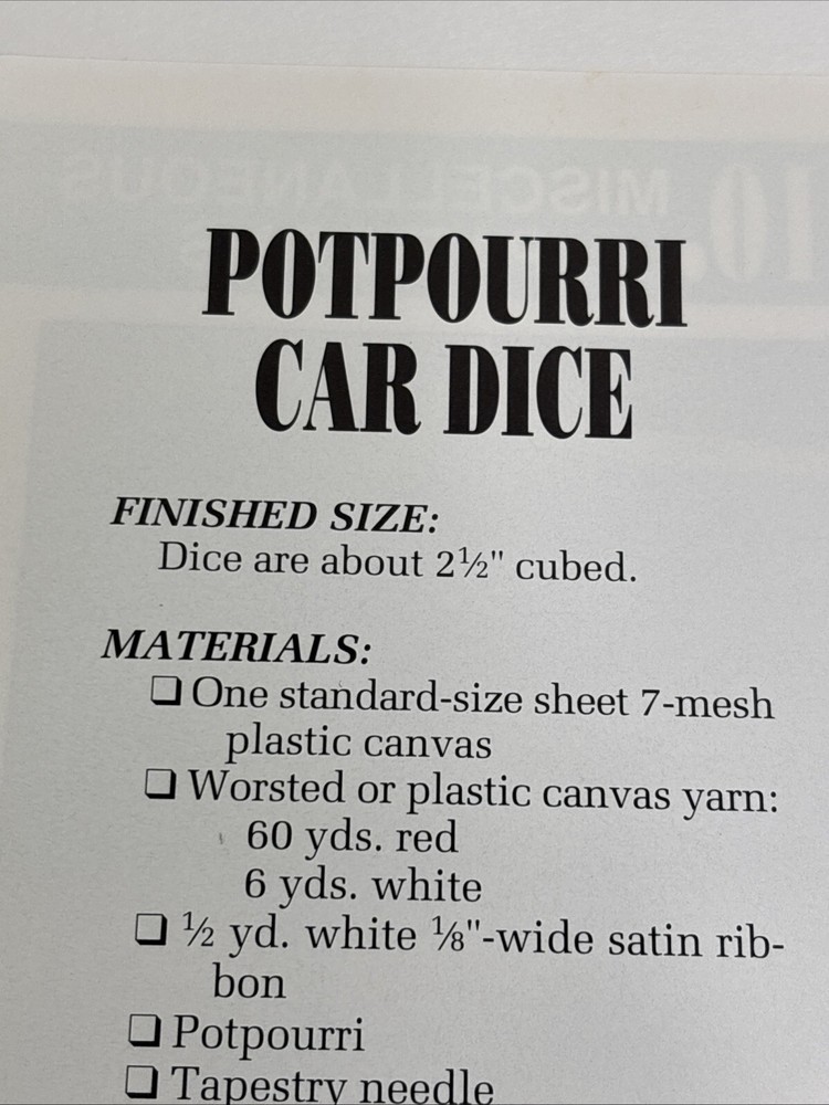 Potpourri Car Dice Annie's Attic Plastic Canvas Pattern Page