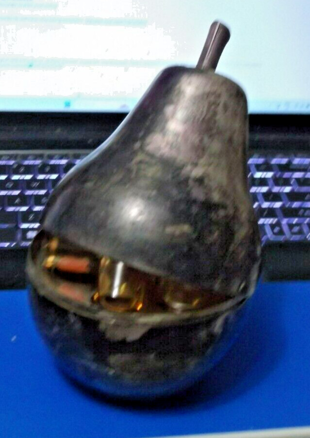 ANTIQUE  DECANTER WITH GLASSES INSIDE, PEAR-SHAPE, SILVER? SILVERPLATE? STUNNING