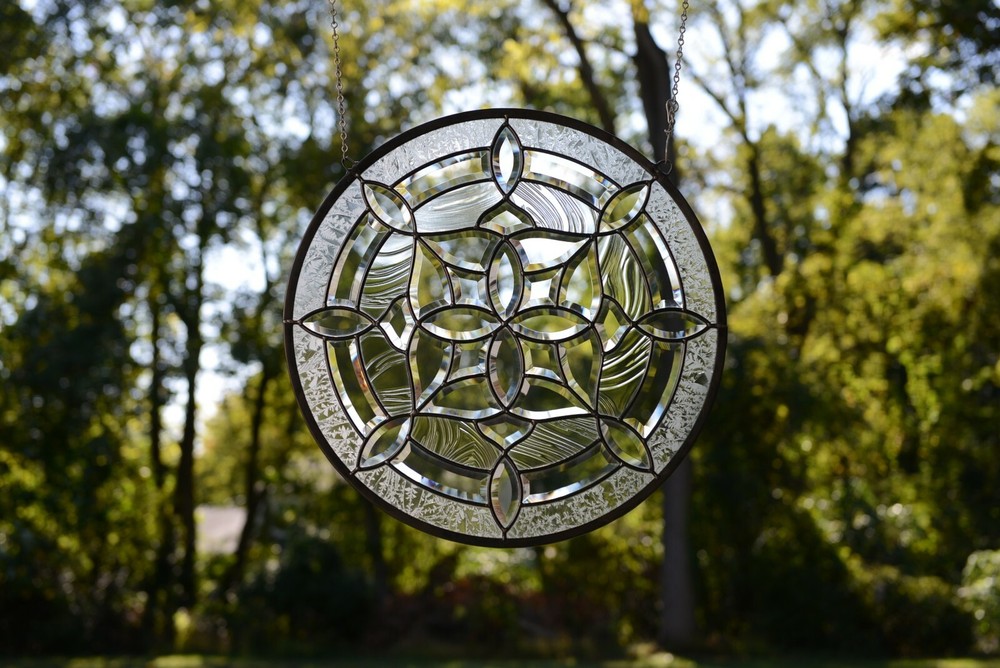 Handcrafted All Clear stained glass Round Beveled window panel 21" Dia