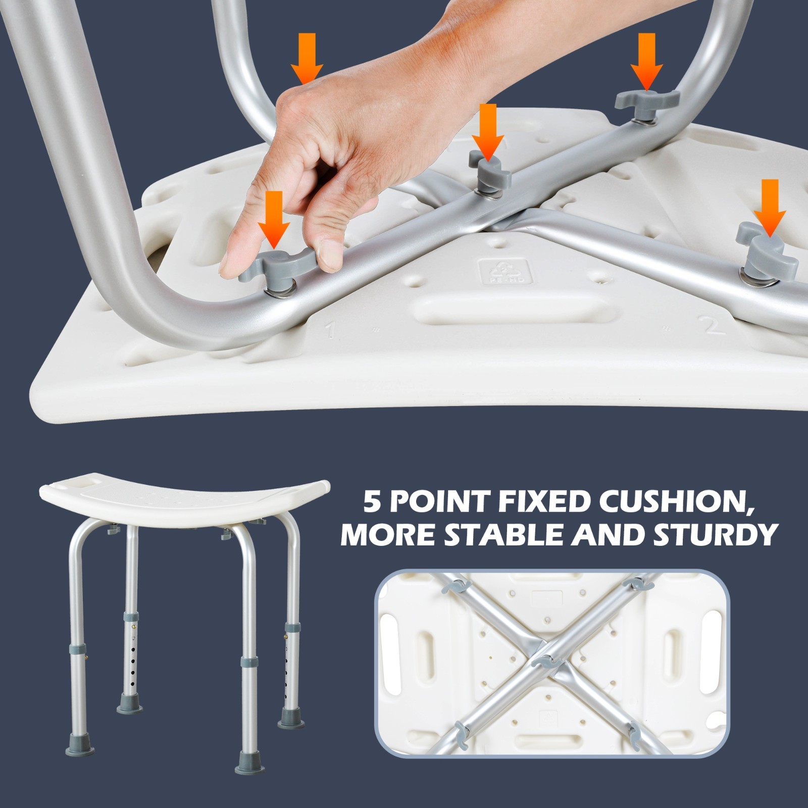 Adjustable Anti-Slip Shower Stool for Seniors, Armless Seat