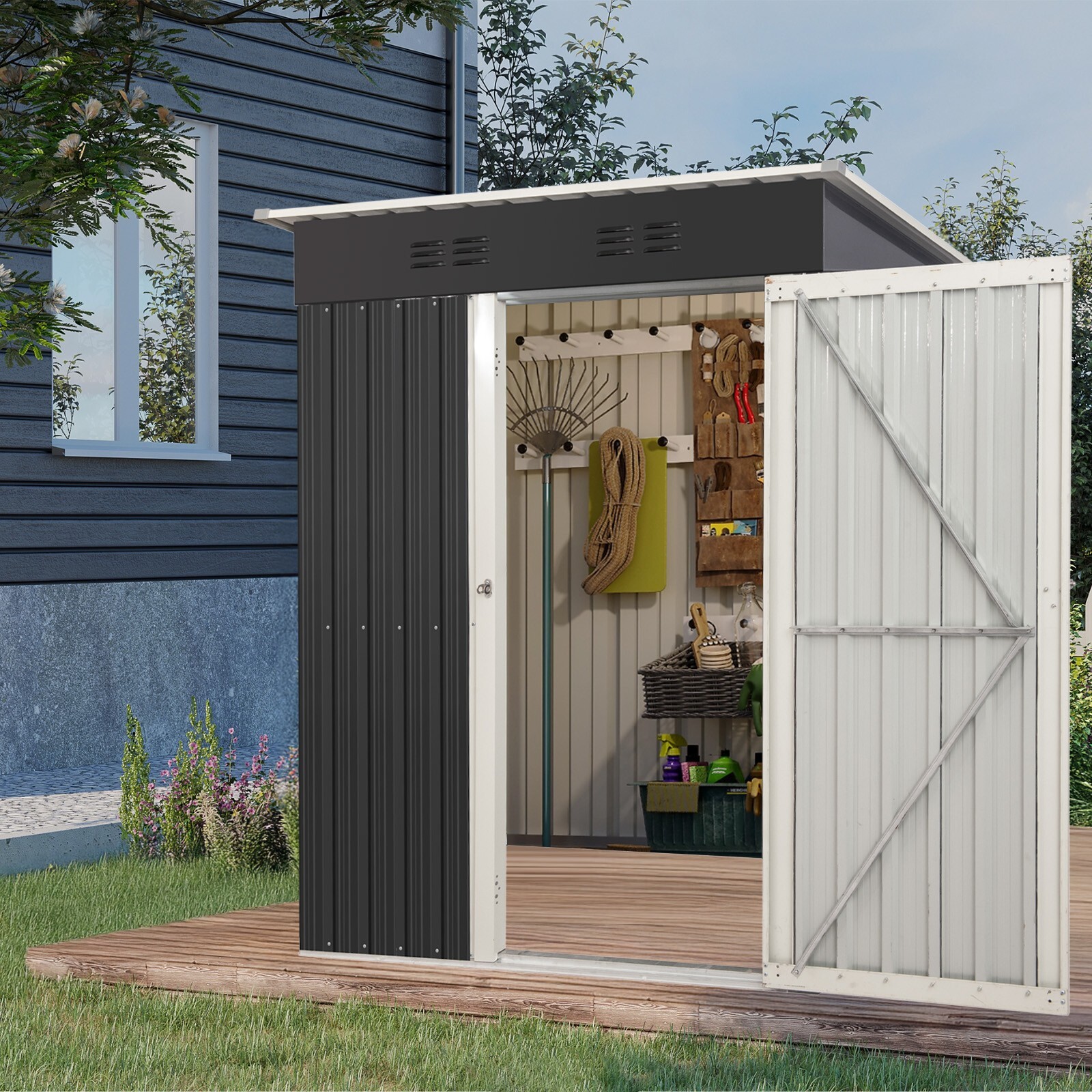 Outdoor Storage Shed Heavy Duty Metal Tool Sheds Storage House 5ft×3ft/6ft×4ft