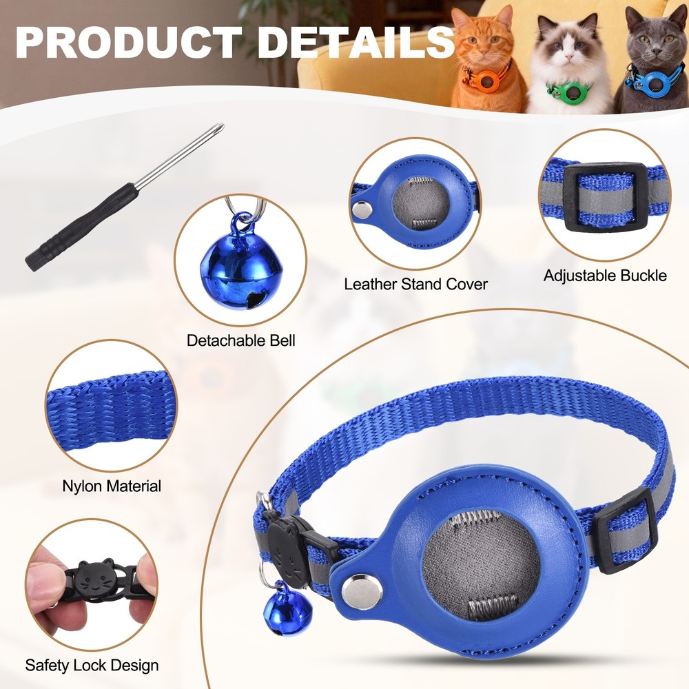8.7"-13.4" Cat Tracker Collar with Leather Tracker Holder 2Pcs Black/Blue