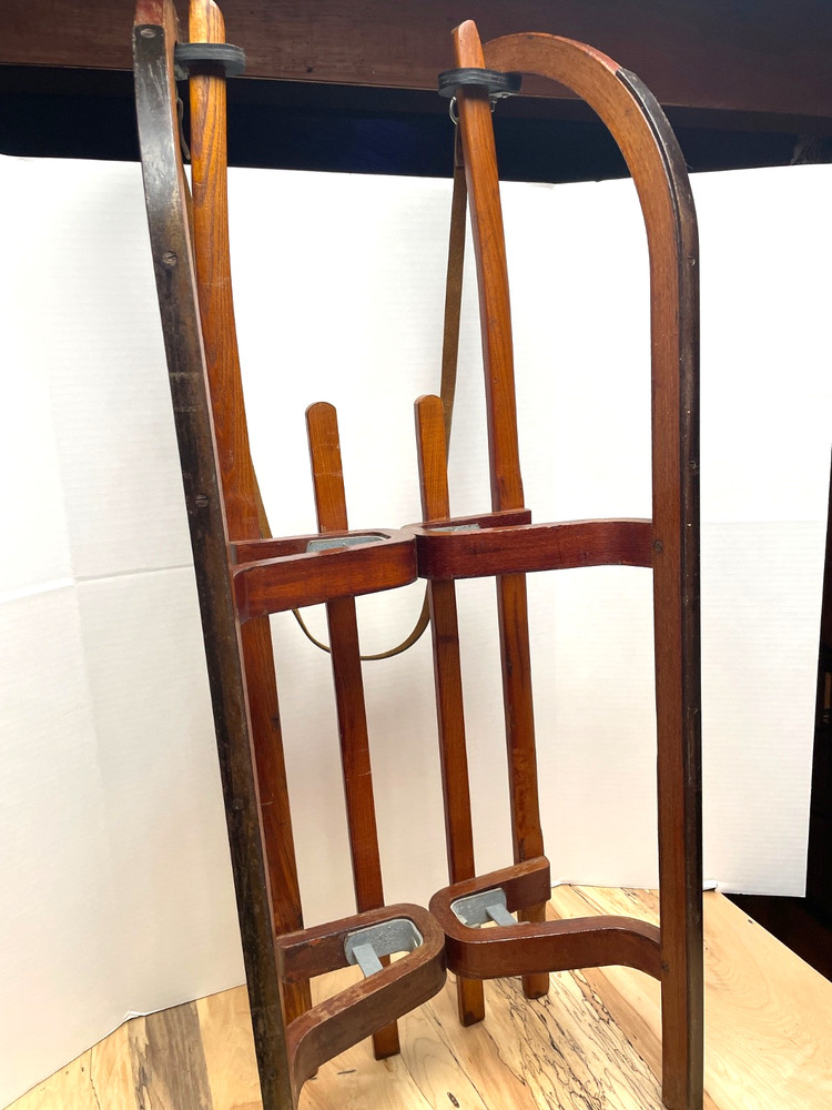 VINTAGE DUTCH WOODEN SLED BY POLYCOMB WITH LEATHER PULL