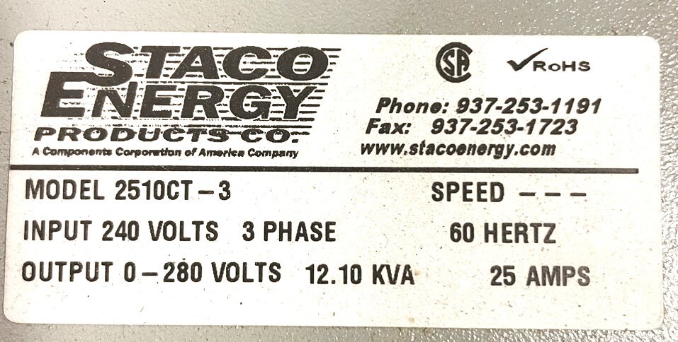 STACO VARIAC VARIABLE TRANSFORMER 2510CT-3. 240V, 3ph, 25A *NEW OPEN BOX*