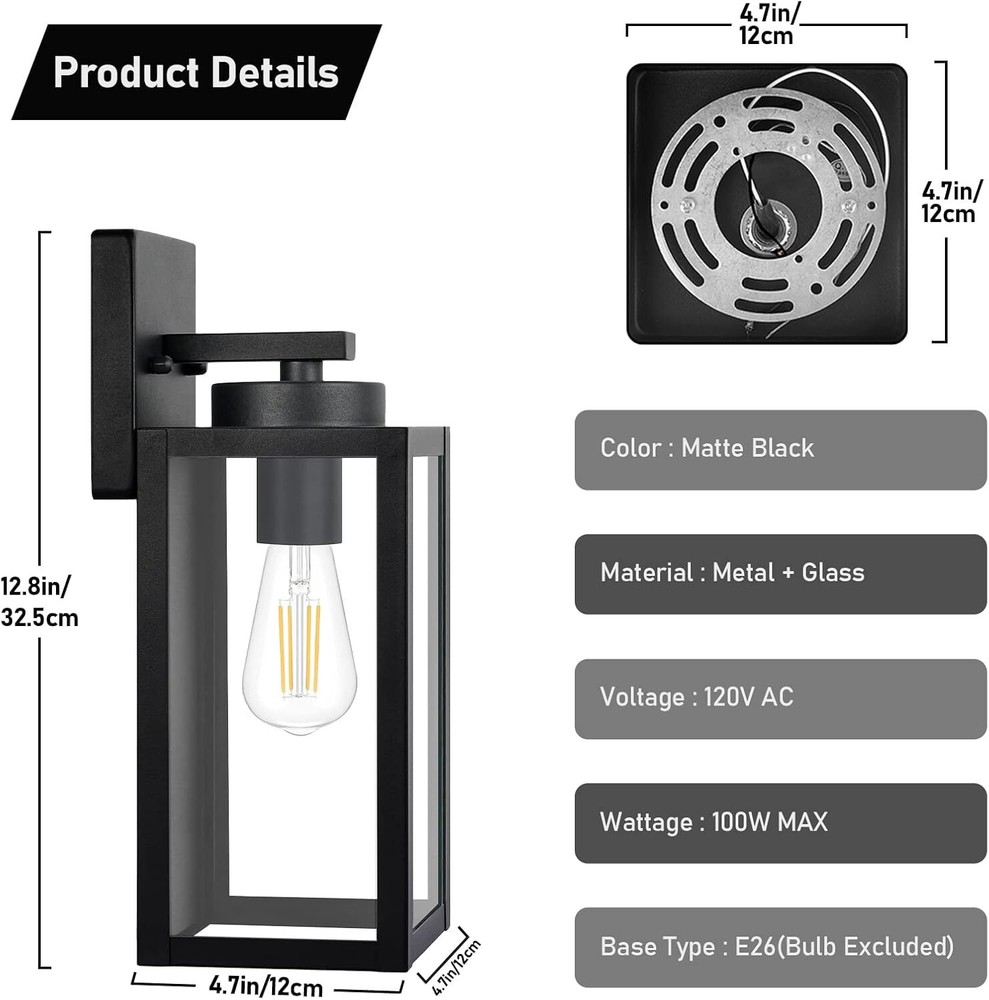 Outdoor Wall Sconce Fixture with E26 Socket Matte Black Wall Sconce, 2-Pack