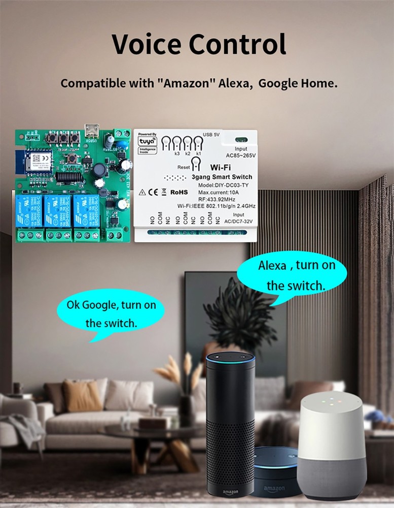 Tuya WIFI+RF433 3-Channel 5V12V Module Remote Voice Control Smart Switch Alexa
