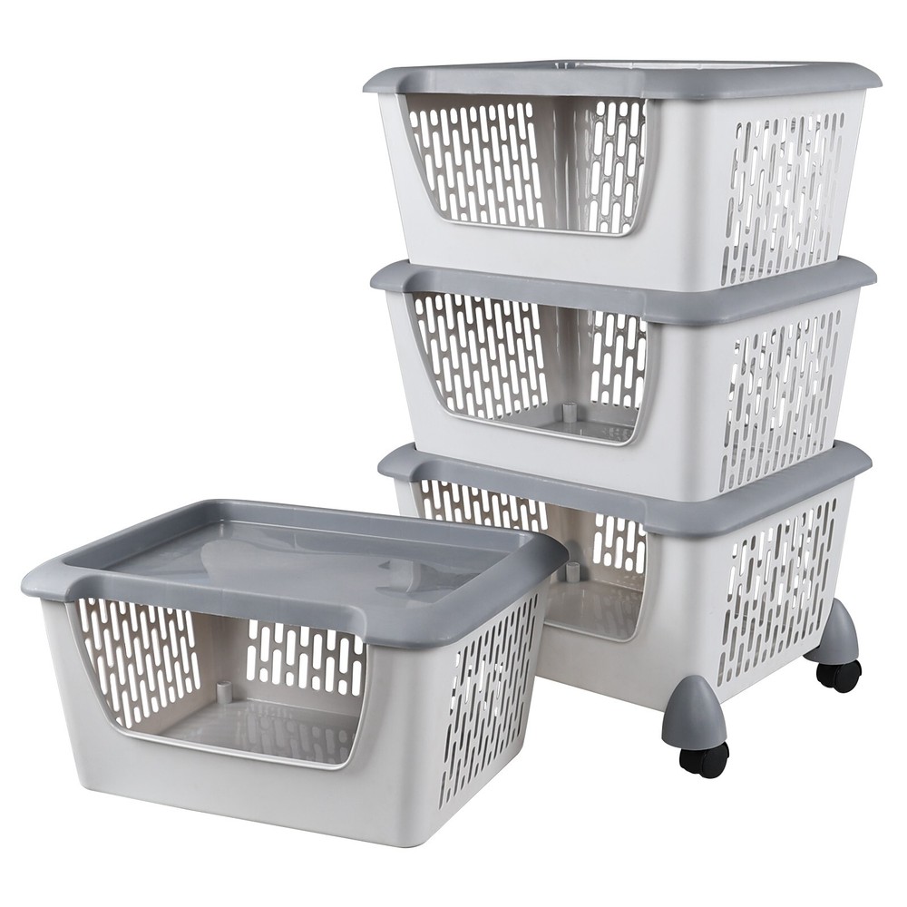Idotry 4-Packs Plastic Stackable Storage Bins - Large Storage Basket with Wheels
