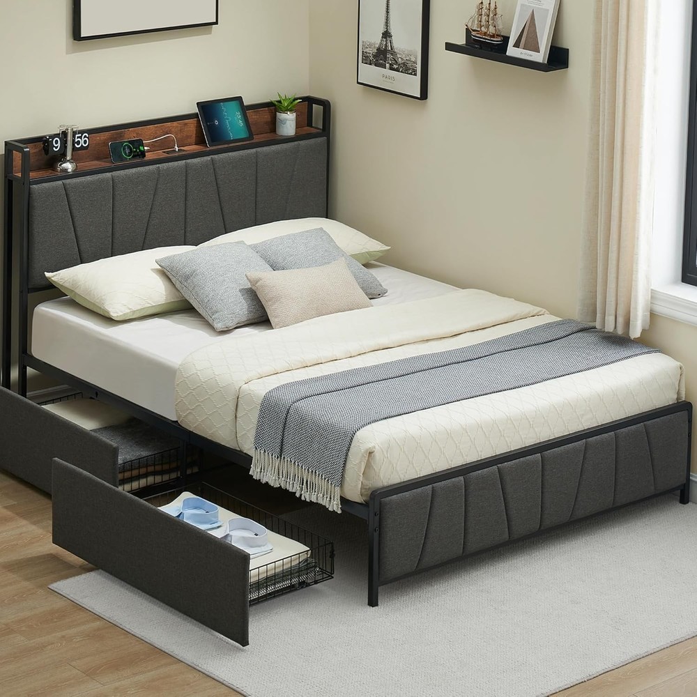 Queen Size Bed Frame Headboard Platform Bed Frame w/Drawers & Charging Station