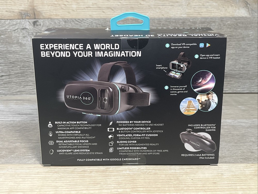 UTOPIA 360 3D Headset + Bluetooth Controller Virtual Reality 6.3" Max Height NIB