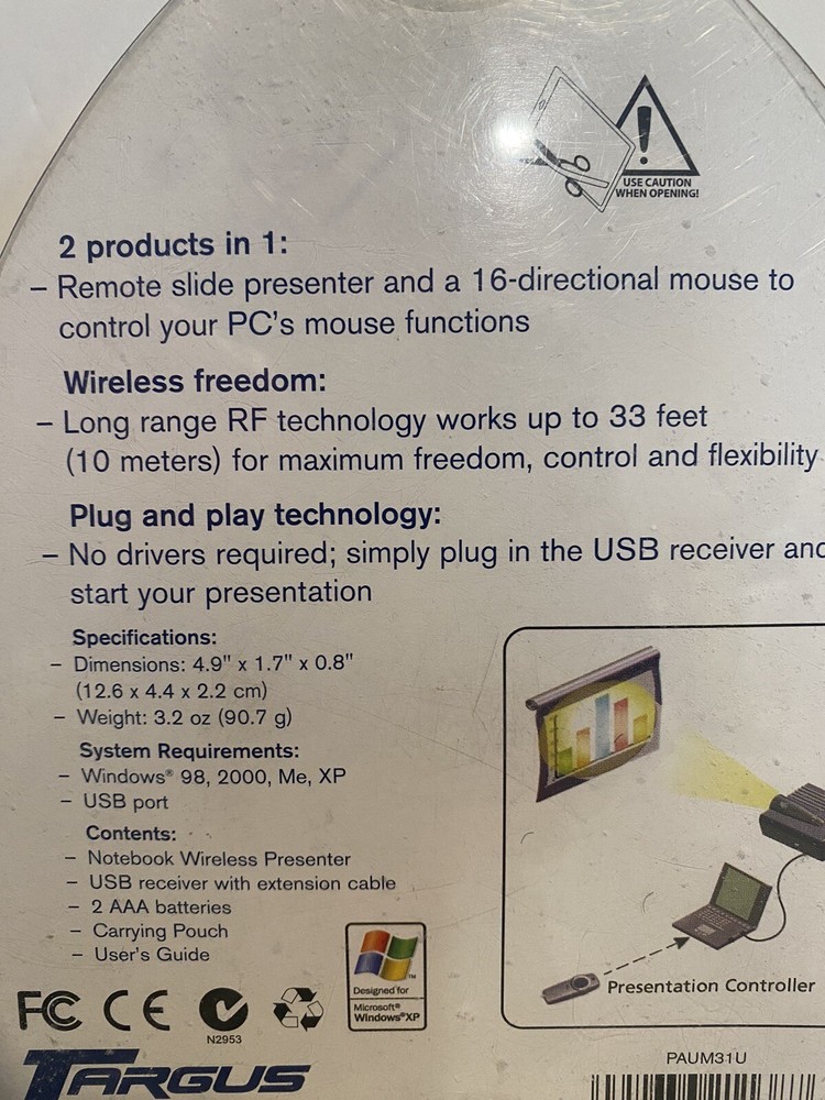 Targus Notebook Wireless Presenter w/Laser Pointer 50 Foot Range PAUM31U