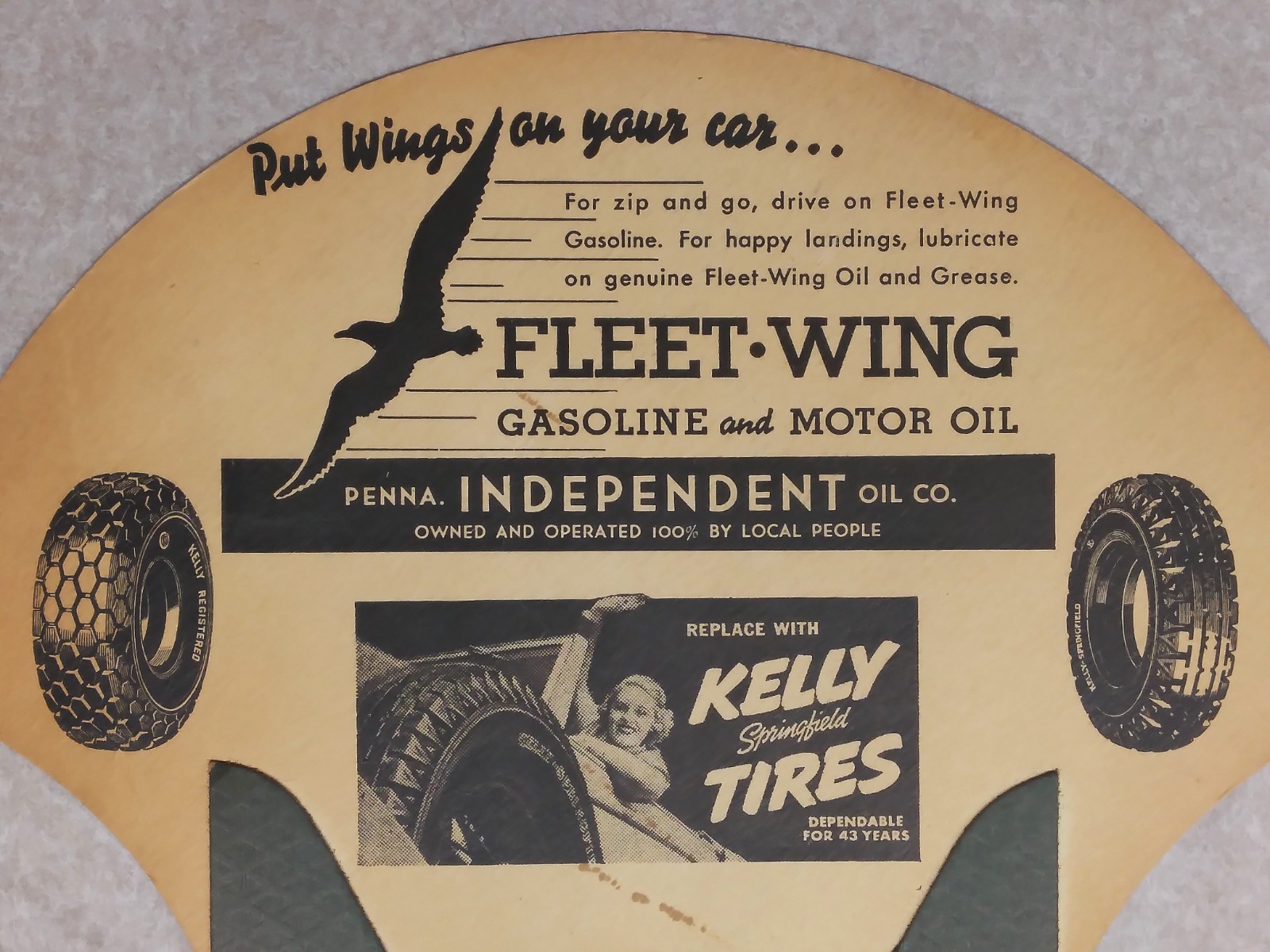 Kelly Tires Fleet-Wing Gas & Oil Comfy Hold ad fan, c1939