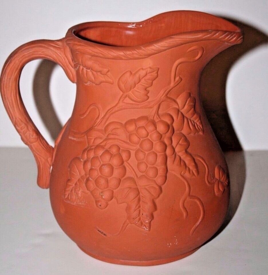 Ceramic Red Clay Colored Grape Vine Design 8 inch Pitcher
