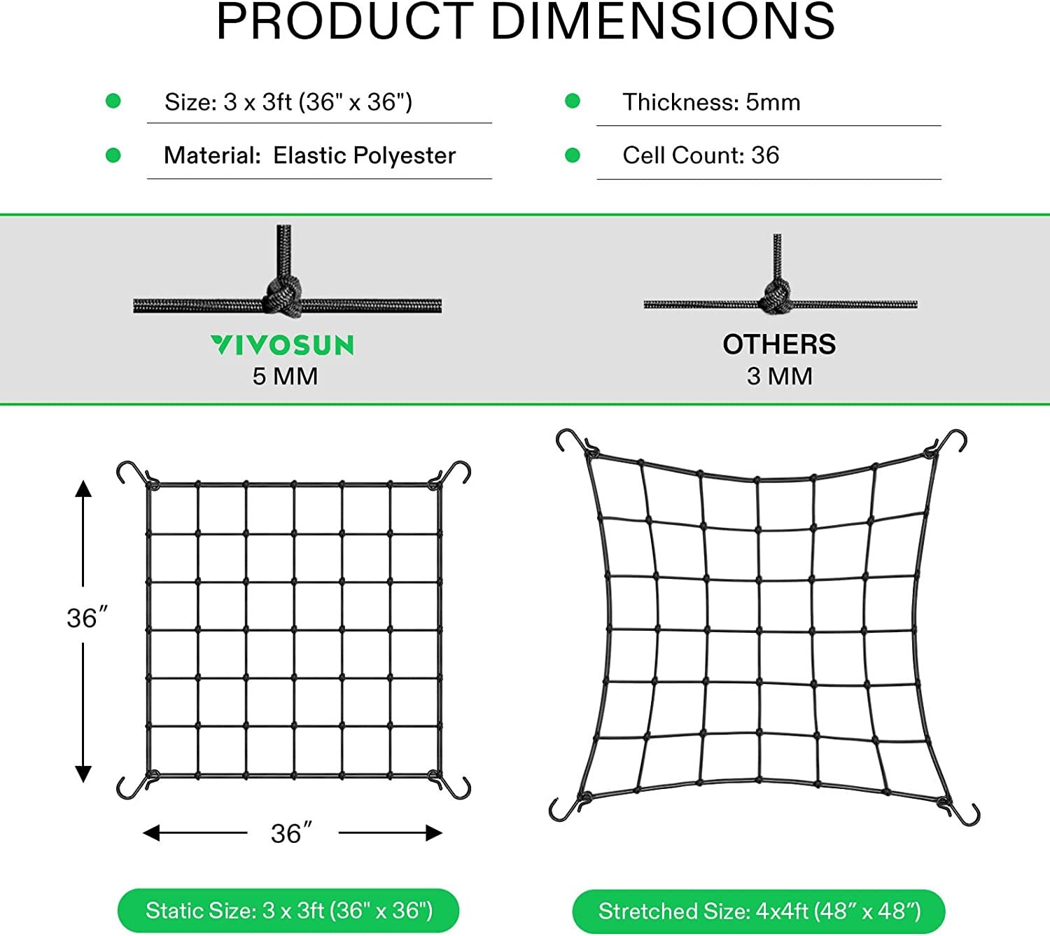 VIVOSUN 2x4'/3x3'/4x4' Elastic Trellis Netting 3mm thick for Grow Tent Gardening
