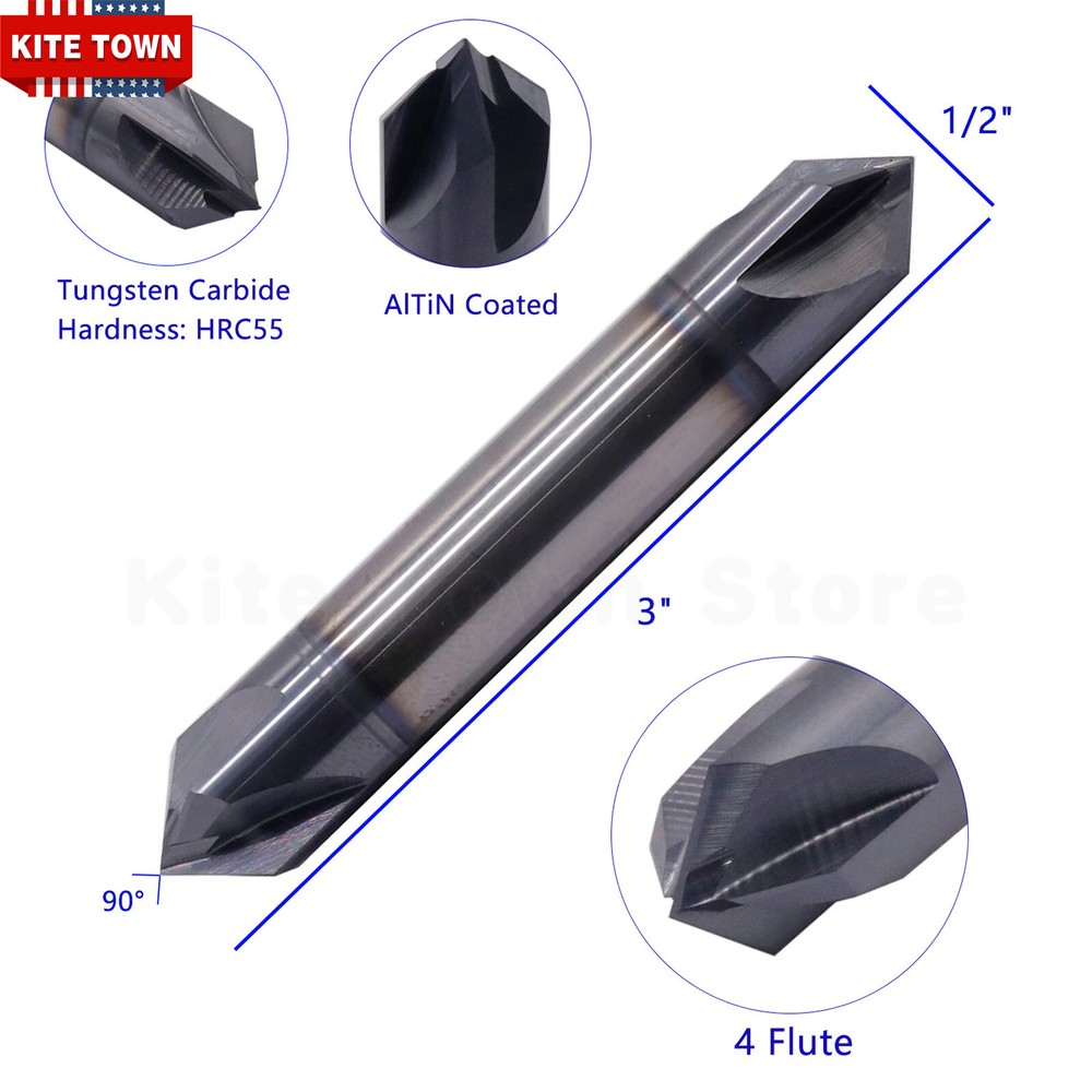 1/2" 4 Flute 90 Degree Solid Carbide Chamfer Mill - Double End - AlTiN Coated