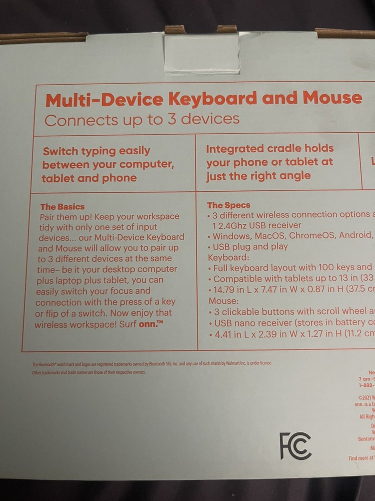 Onn Surf Multi-Device Wireless Full Size Keyboard & 3-Button Mouse w/Dongle