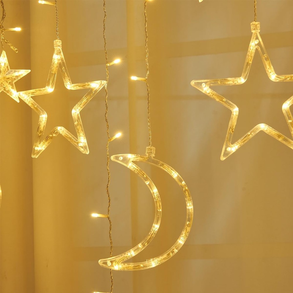ALFEUND LED Star Moon Curtain Lights, 8 Modes, Timer, Remote, Dimmable