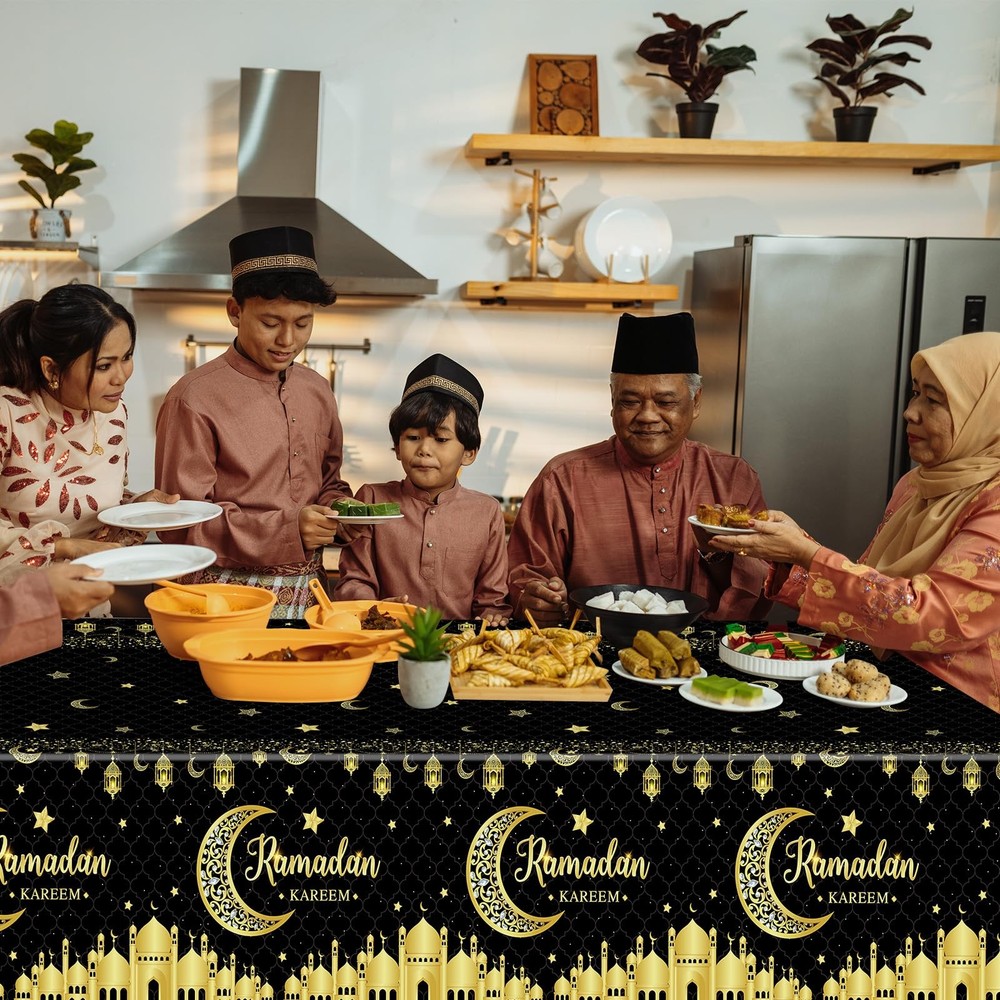 2 Pcs Ramadan Tablecloth - Plastic Black Gold Kareem Table