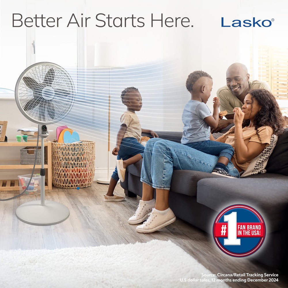 Lasko Cyclone Pedestal Fan, Adjustable Height, Remote Control, Timer, 3 Speeds,