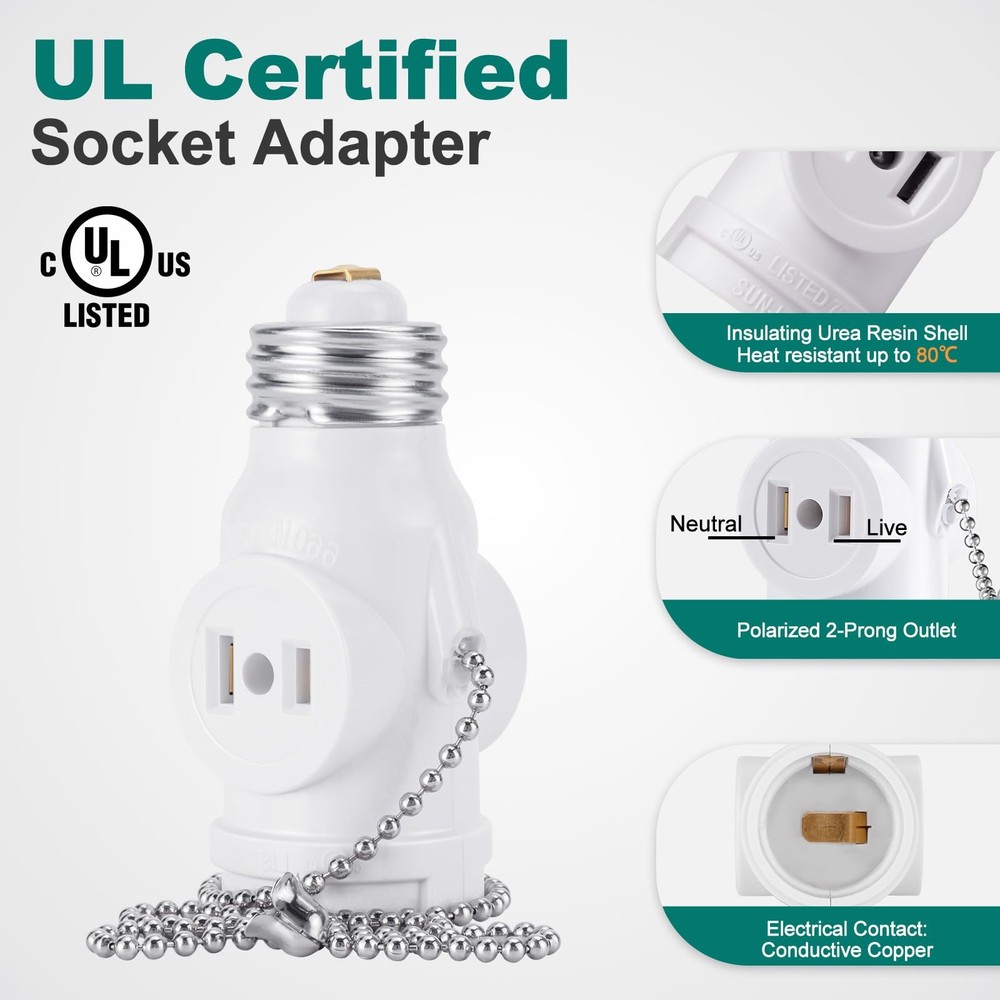 DiCUNO E26 Light Socket to Plug Adapter, 2 Polarized White-15.75", White