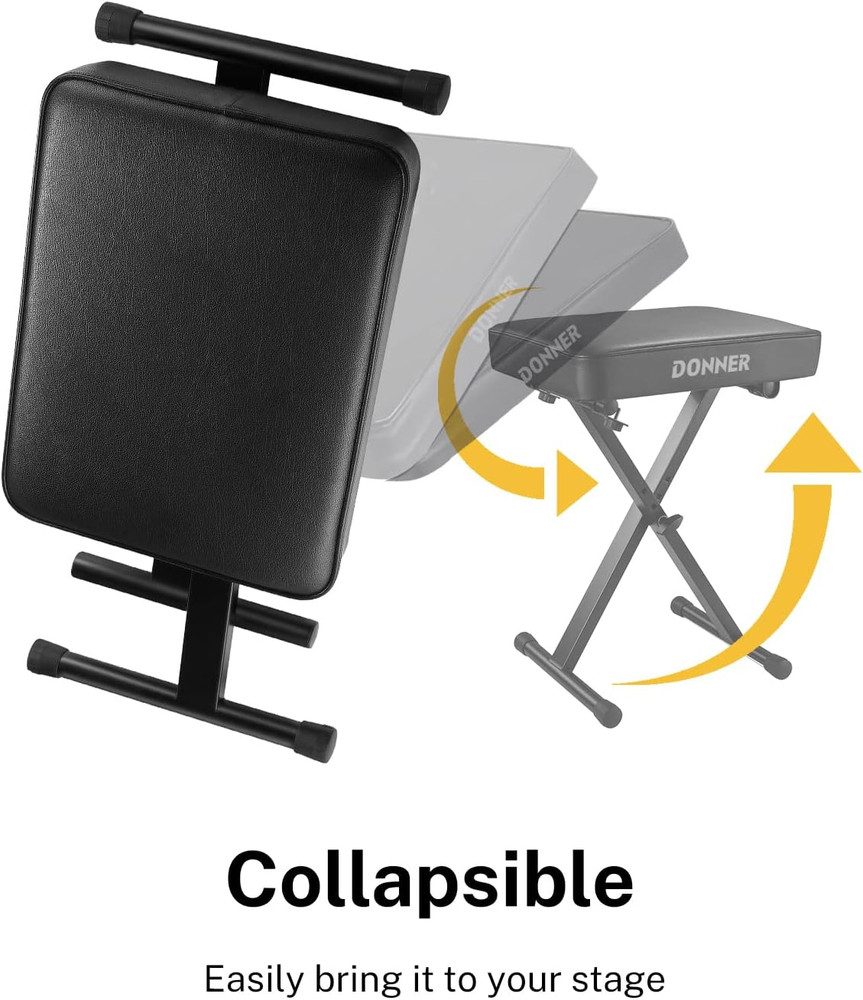 Adjustable X-Style Piano Bench, Foldable Stool with Thick Padding, Black