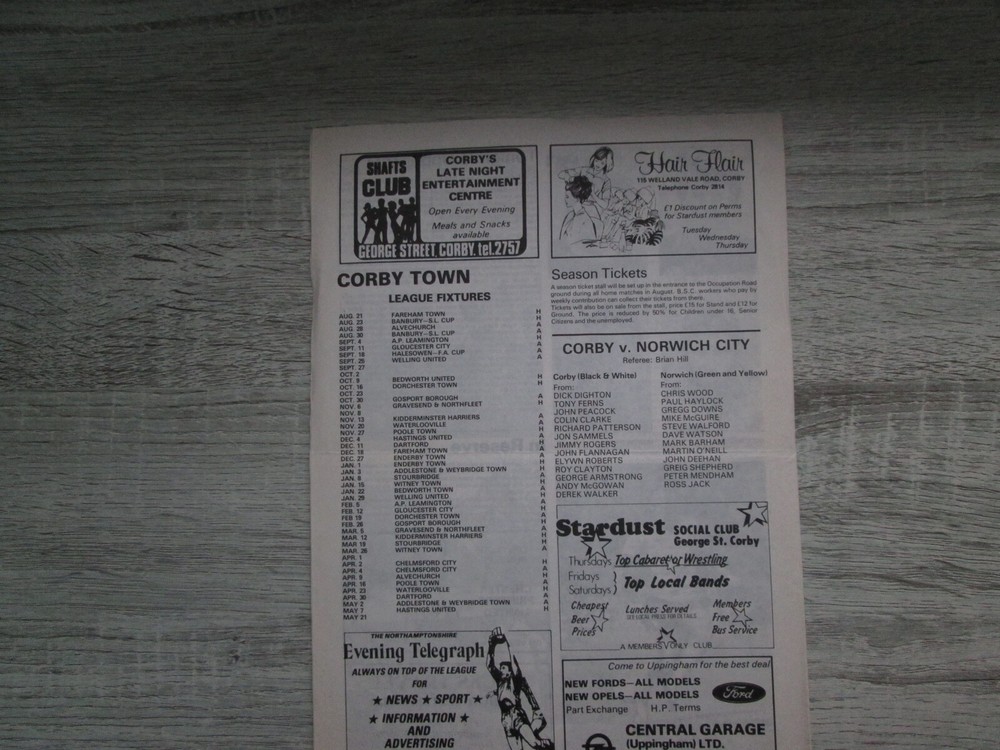 Corby v Norwich 6th August 1982 Friendly