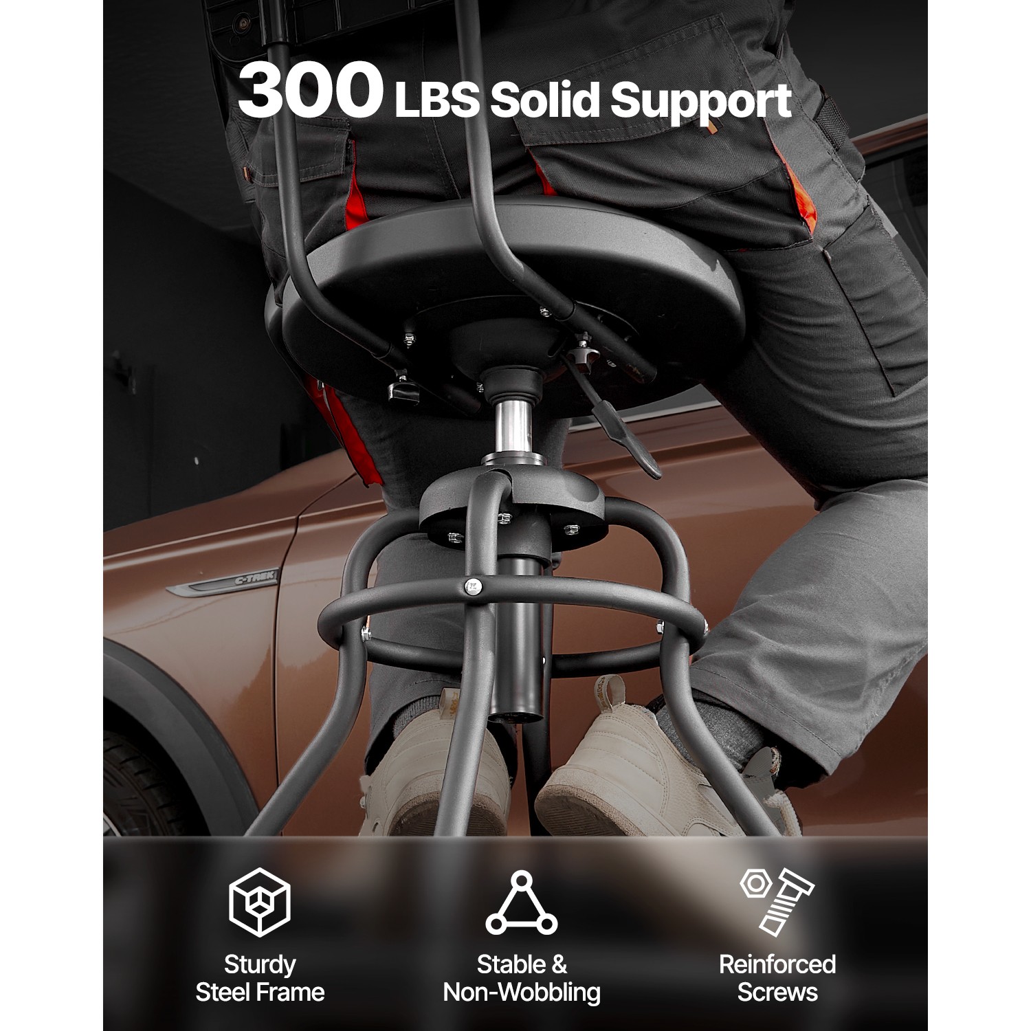 Shop Stool Adjustable Height Garage Work Seat 300 lbs Load with Backrest