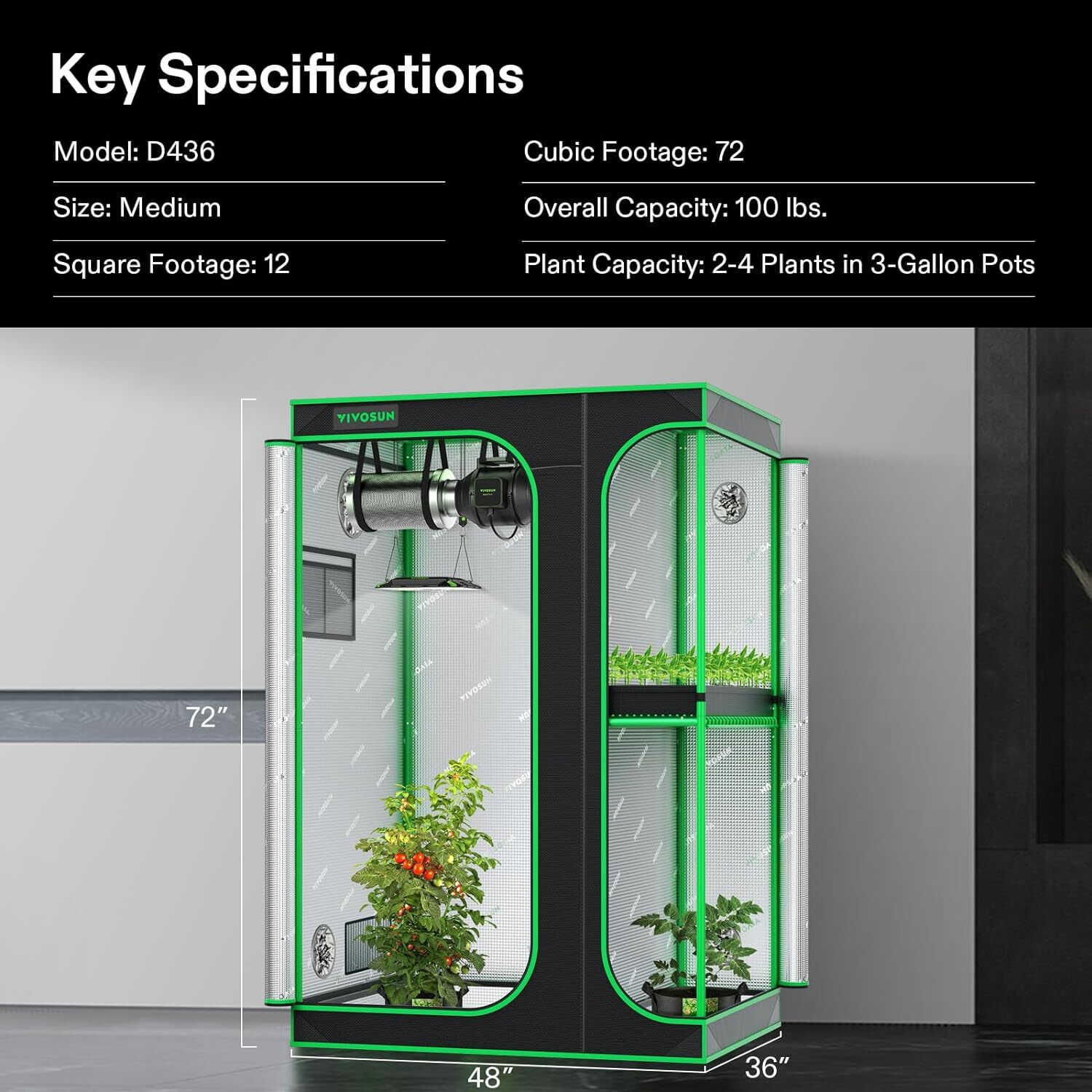 Vivosun 2-in-1 4x3FT Grow Tent 48”x36”x72” 100% Reflect Mylar Room w/ 2 Chambers
