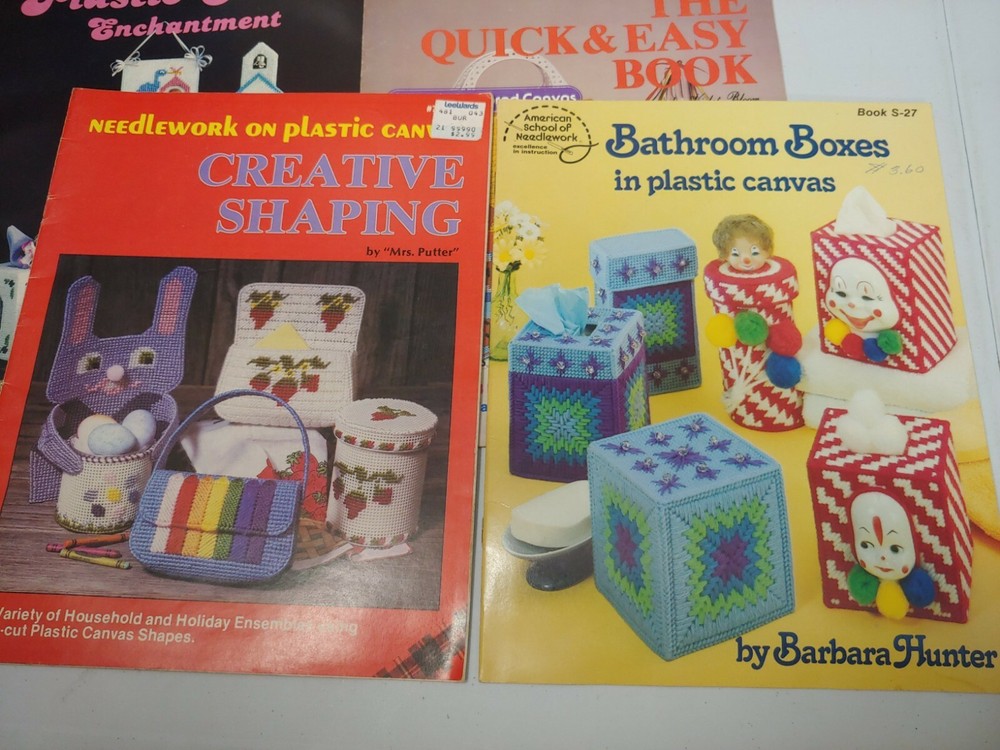 6 PLASTIC CANVAS leaflets MOBILE CHECKERS boxes picture frames tissue covers