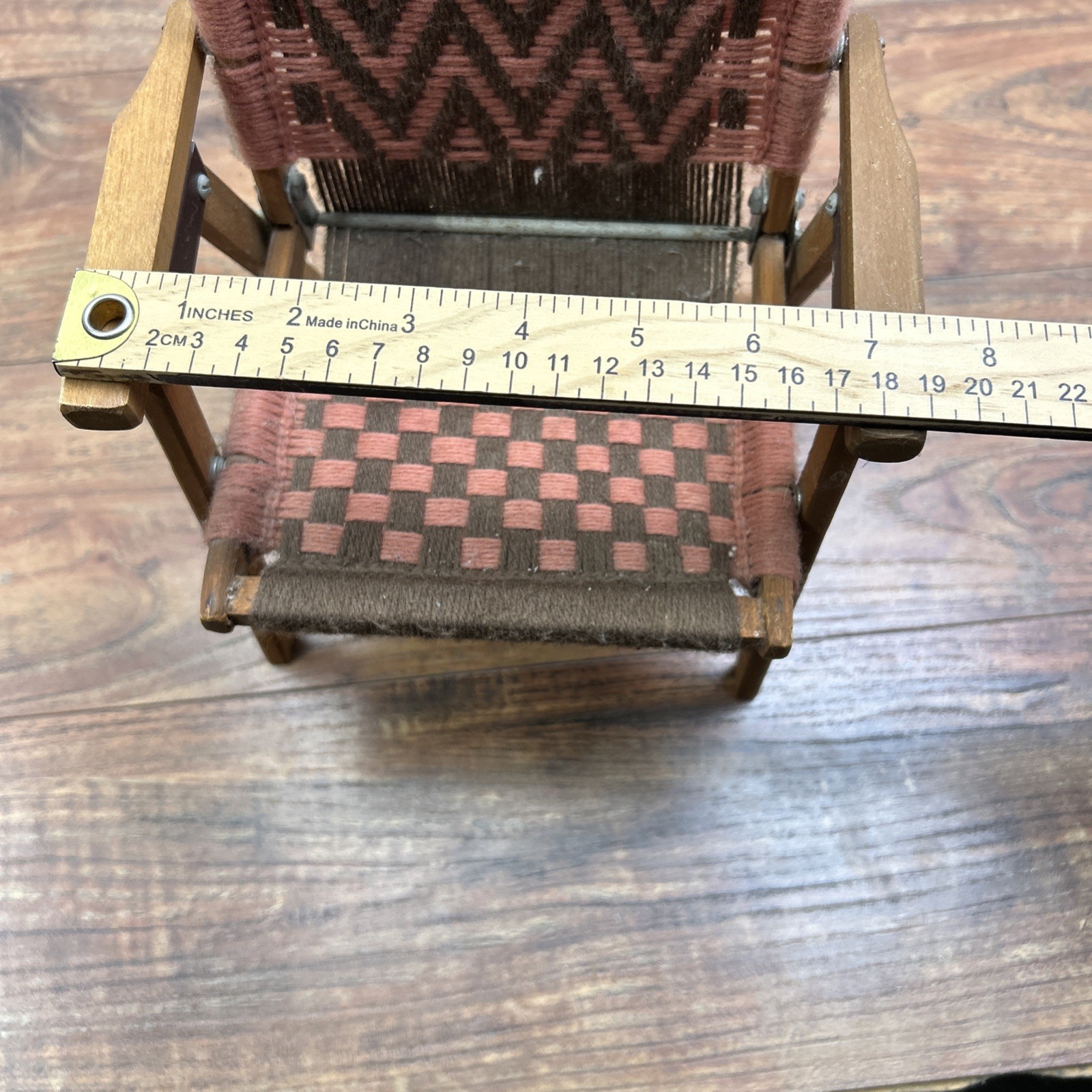 Macrame Wooden Folding Baby Doll Chair Vintage Handwoven Brown Pink ** DOLL SIZE