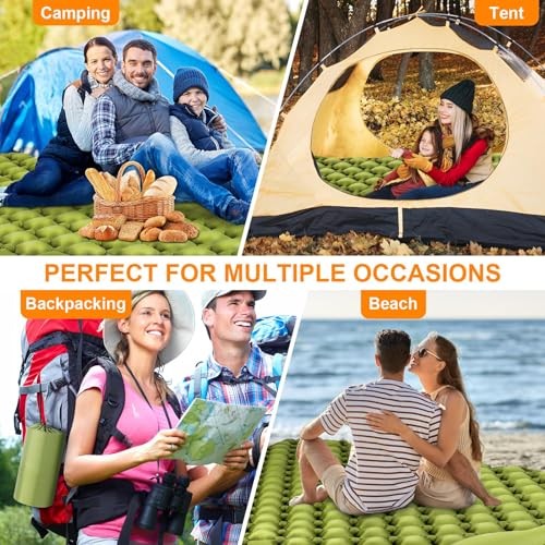Double Sleeping Pad, Ultralight 4" Extra-Thick Self Inflating Army Yellow