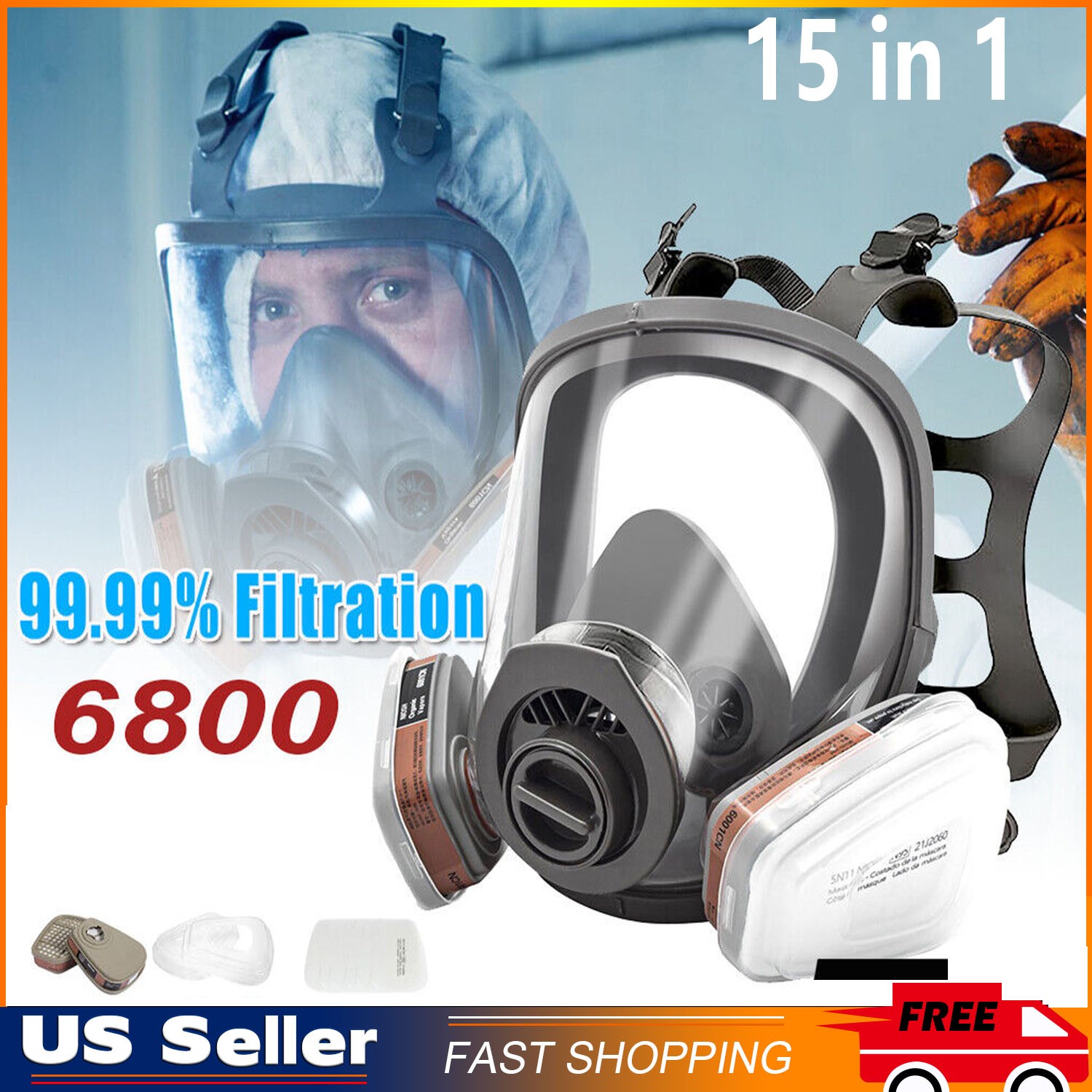 15 IN 1 Gas Mask Full Face Respirator Paint Spray Chemical Facepiece Safety 6800