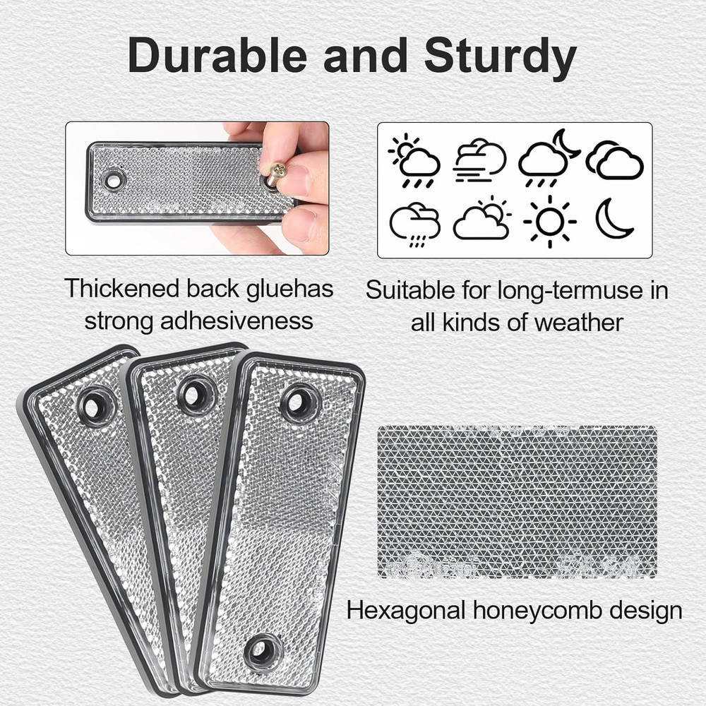 10 Pack White Screw on Rectangular Reflectors, E11 Approval Road Safety Gate Pos