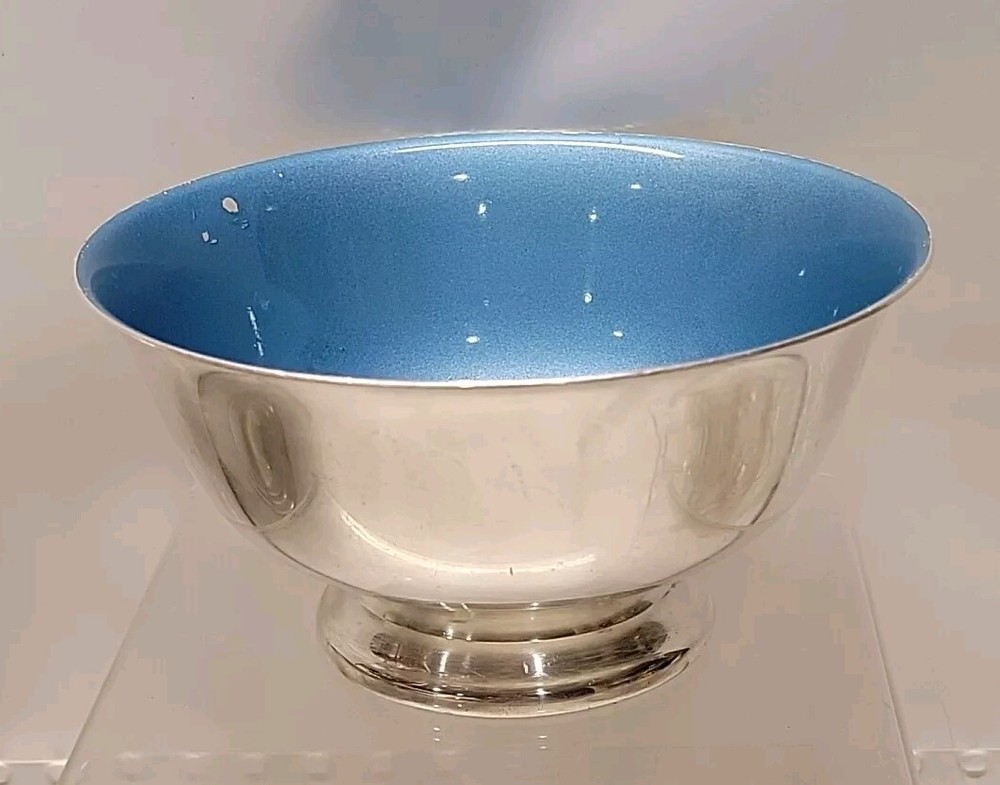 Vtg Reed & Barton Silverplate & Blue Azure Enamel Serving Revere Style Bowl 102