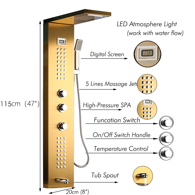 Bathroom Mixer Gold Shower Panel Digital Screen Massage Jets Wall Mounted Units