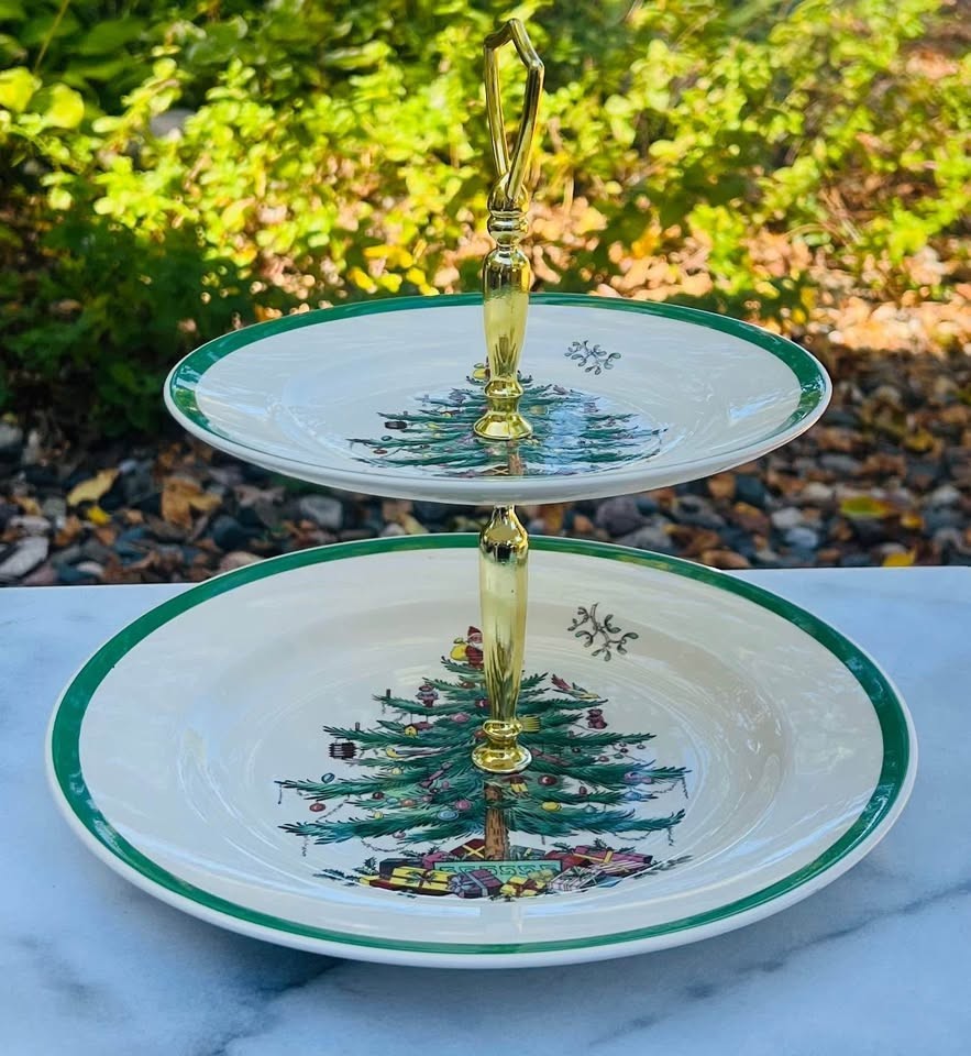 Vintage Spode Two Tiered Serving Tray with Gold Handle