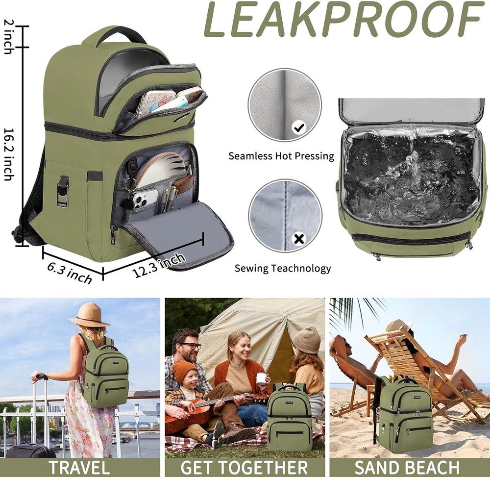 Cooler Backpack,Insulated Backpack Leakproof Double Deck Green